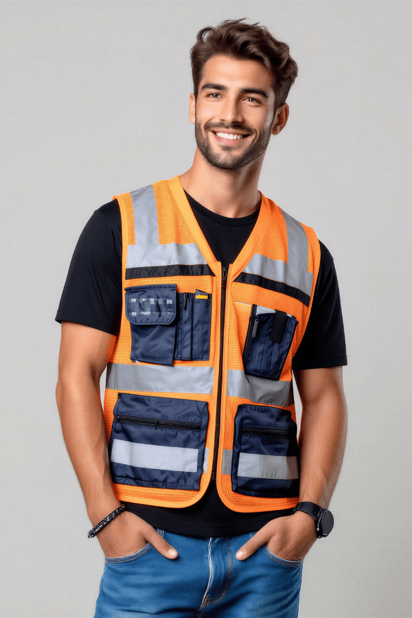 וסט עבודה כתום זוהר עם כיסים